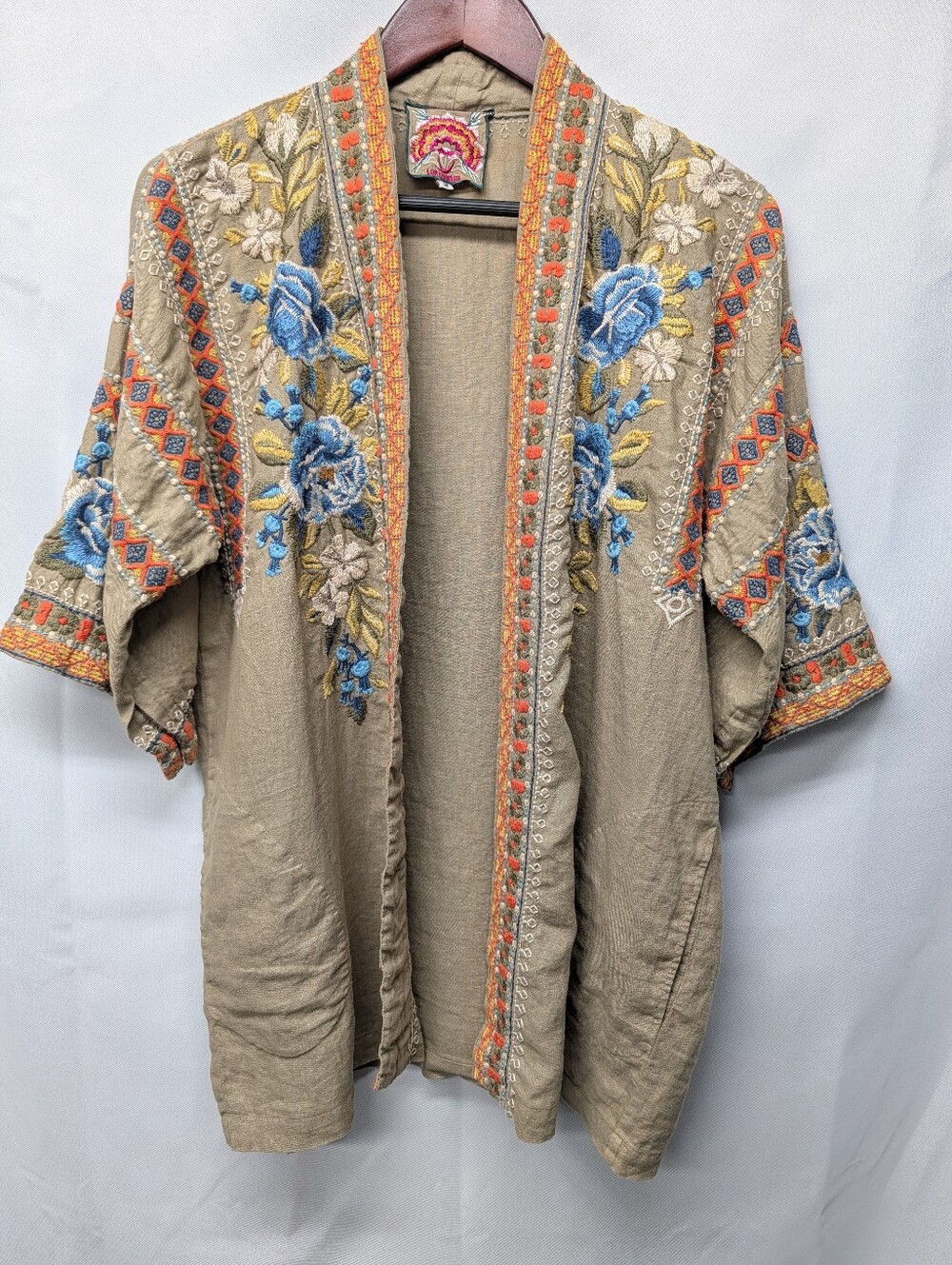 Johnny Was Hira Embroidered Open-Front Kimono w/ Blue Florals Size Med, NWOT